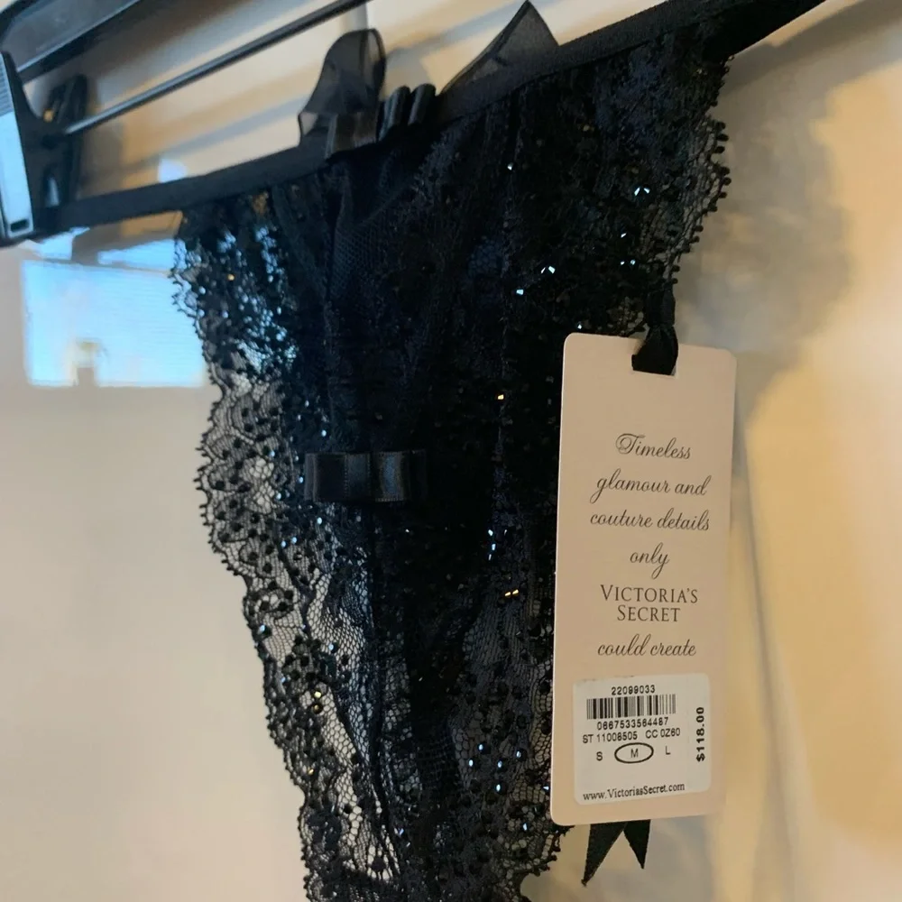 Victoria secret collection thong black Swarovsk crystal M G string designer